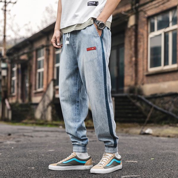 

japanese style vintage men jeans loose fit stripe spliced designer harem pants fashion streetwear slack bottom joggers jeans men, Blue