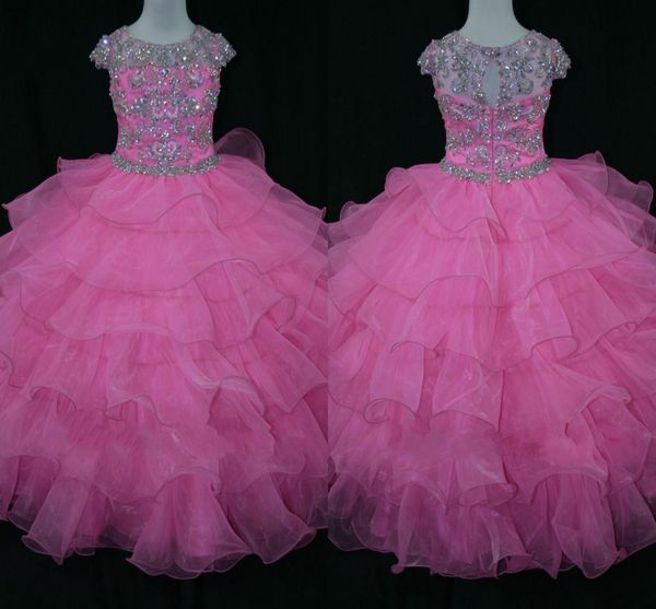 

2019 charming jewel neck girls pageant dresses full beaded rhinestones cap sleeves piping layered princess for girls special occasions, White;blue