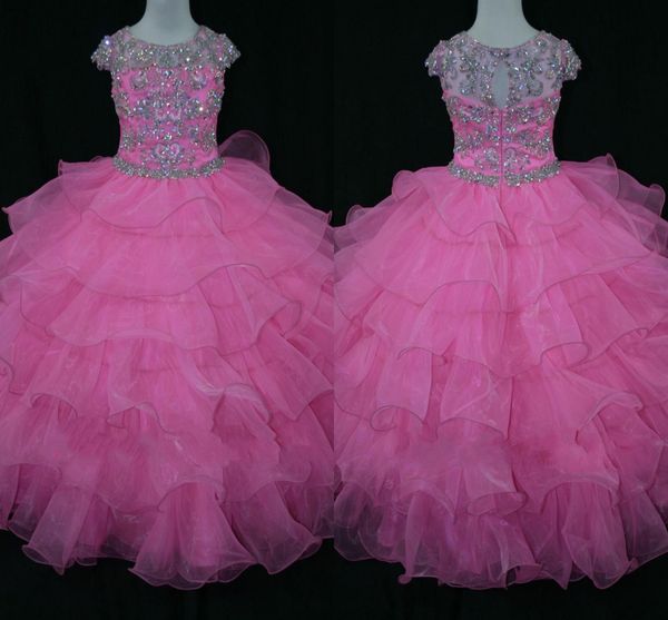 2019 Encantador Jewel Pescoço Garotas Pageant Vestidos Cheia de Strass Frisado Top Mangas Tubulação Em Camadas Princesa Para Meninas Ocasiões Especiais