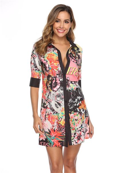 

Folra Print Womens Summer Designer Long Shirt Dress Lapel Neck Night Club Fashion Feamle Caual Clothing