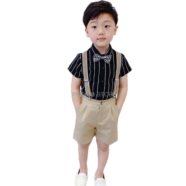

boys school uniform clothing set kids formal strap shirt +shorts wedding birthday dress children piano dance performance costume, White