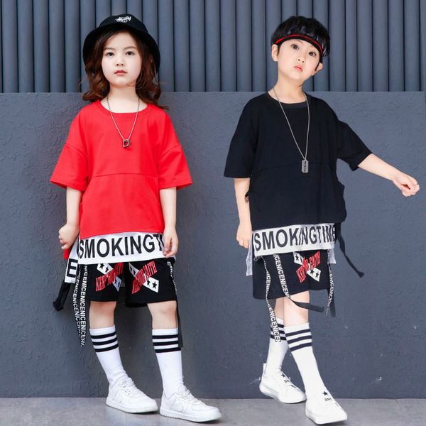 

children long t shirts casual shorts hip hop clothing for girls boys jazz dance costume ballroom dancing clothes streetwear, Black;red