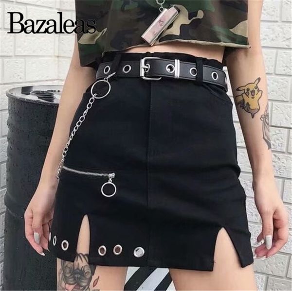 

bazaleas streetwear circle zipper women a-line skirt harajuku skirts womens high waist chain mini skirt casual slim short, Black