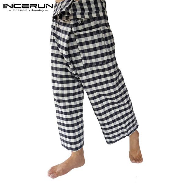 

incerun fashion plaid thai fisherman pants men loose lace up wide legs casual pants trousers men joggers yoga-pants 2019 5xl, Black