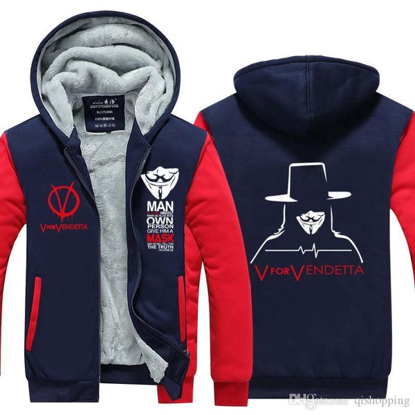 

v for vendetta winter hoodie thicken fleece cotton coat cashmere hoodies zipper jacket super warm sweatshirt sportswear hoodie us eu size, Blue;black