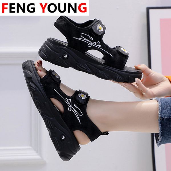 

women chunky sandals platform woman flower designers beach casual shoes hook loop black sandal female 2020 mesh wedges shoes