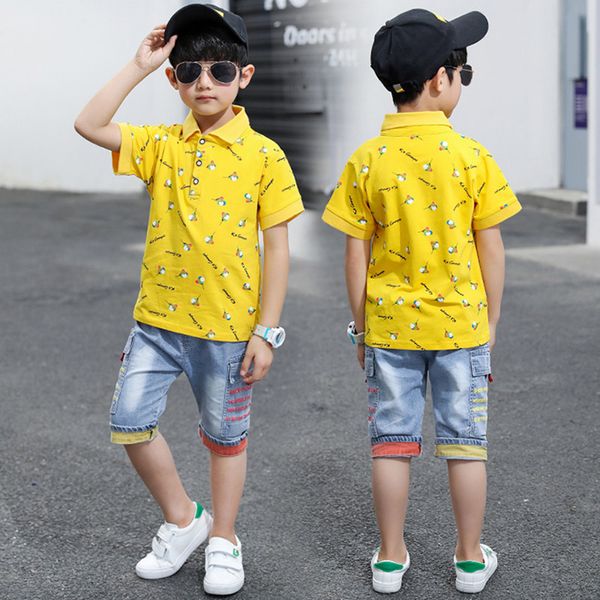 

new summer teenager boys short sleeve floral t shirt denim shorts tracksuit suits clothing sets for boy sets 5 6 8 10 12 years, White