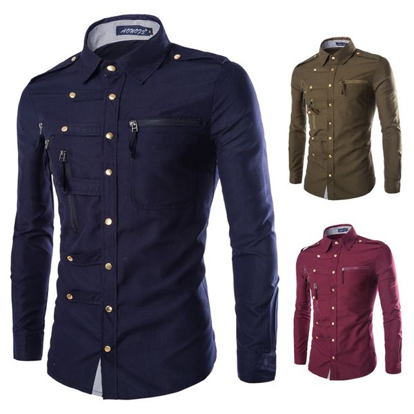 

men's casual shirts 11.11 arrival spring/autumn men long sleeve cargo shirt slim fit fashion epaulet double pocket mens dress, White;black