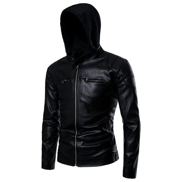 

code] european 2019 autumn and winter leather coat men hooded biker leather coat motorcycle leather jacket long-sleeved coat, Black