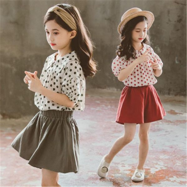 

girls clothing sets summer fashion polka dot short sleeve + shorts 3 7 9 11 years kids clothing suit teen children outfits, White