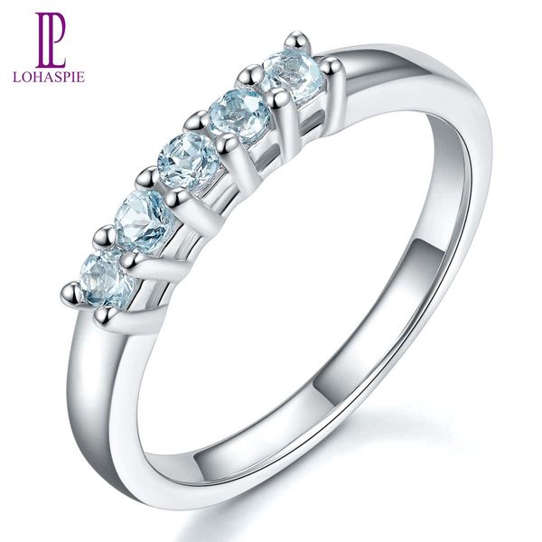 

women's wedding ring five stone gemstone natural aquamarine solid 925 sterling silver band tail bridal rings fine jewelry lady elegant, Slivery;golden