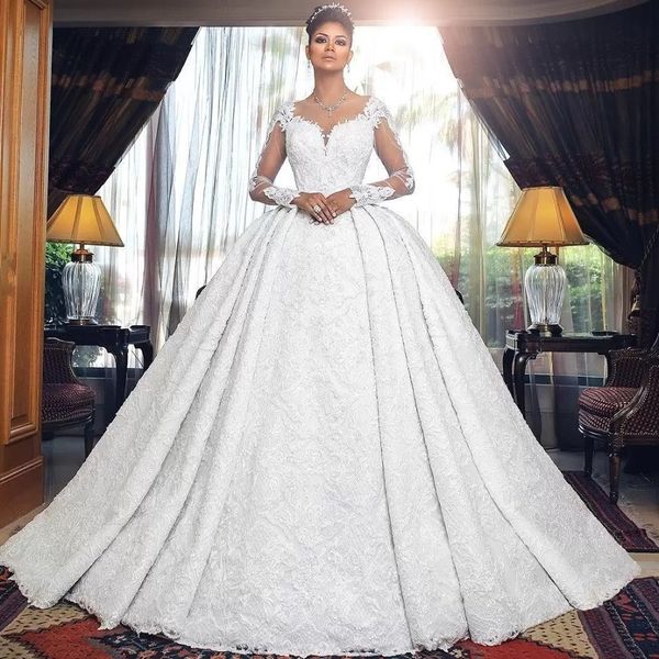 

arabic dubai vintage wedding dresses lace appliques ball gown bridal gown capped long sleeves sweep train vestido de novia, White