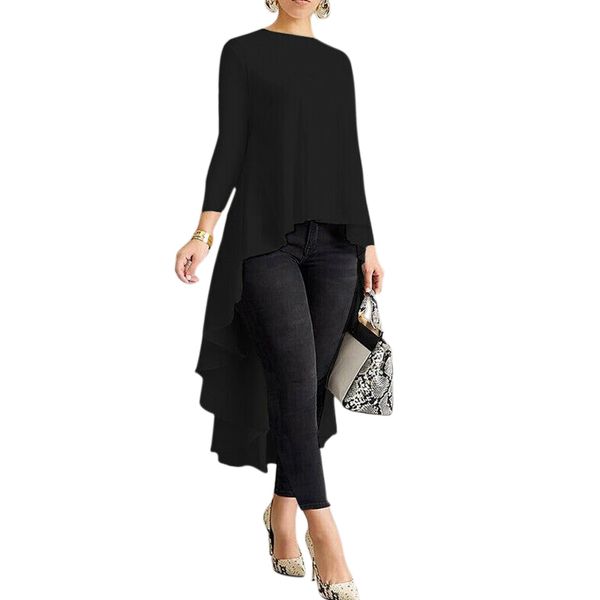 

women long sleeve shirt asymmetrical waterfall back long tail blouse aic88, White