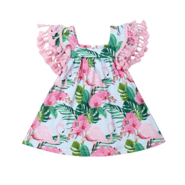 

girls summer dress toddler baby girls dress boho flamingo party dresses tassel sleeve dressclothes, Red;yellow