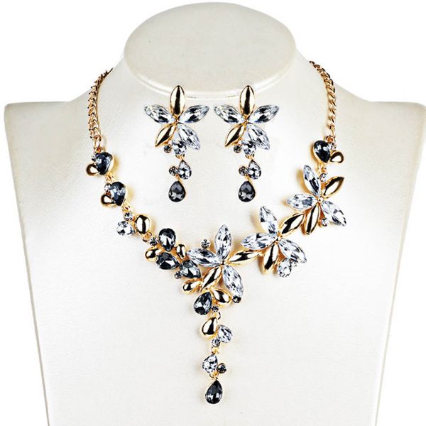 

womens short collar necklaces jewelry color crystal five leaves flowers rhinestone statement gothic necklace earring jewelry set, Slivery;golden