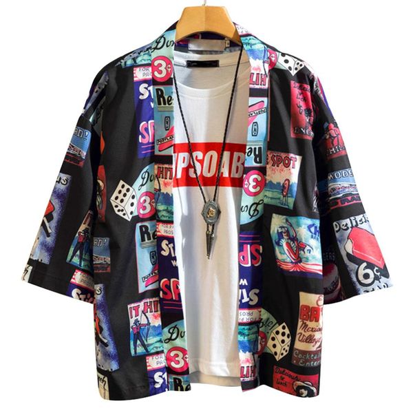 

zacoo men women loose printing sunscreen three quarter sleeve kimono cardigan shirt, White;black
