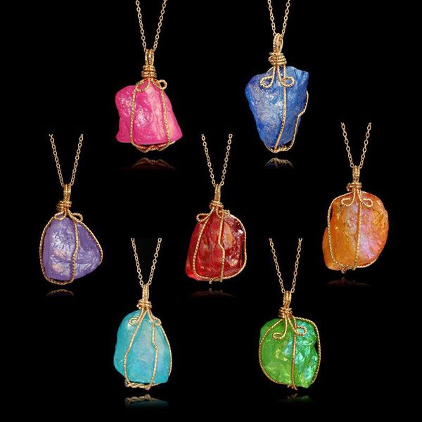

2020 creative wire wound color multi-color natural stone crystal pendant necklace for women fashion neckalce jewelry, Silver