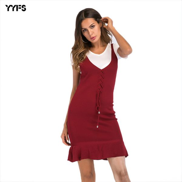 

womens designer ruffled hem knit strap dress slim hip skirt, Black;gray