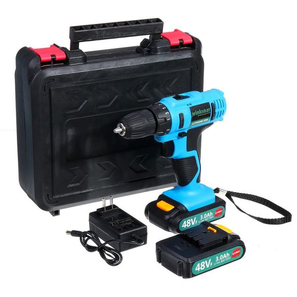 

doersupp 48v cordless electric drill impact screwdriver 25+1 torque rechargeable 3000mah li-ion battery 2-speed power tools