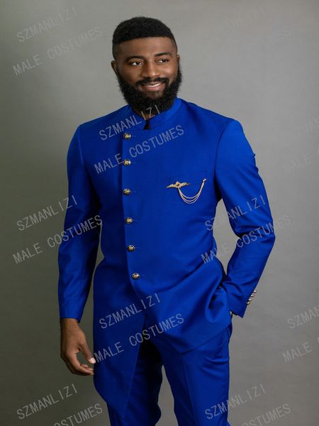 Последние Брюки Пальто Designs воротник стойка на заказ Шафер Slim Fit Royal Blue Groom Мужские костюмы Свадебные Blazer Пром Tuxedo Костюм