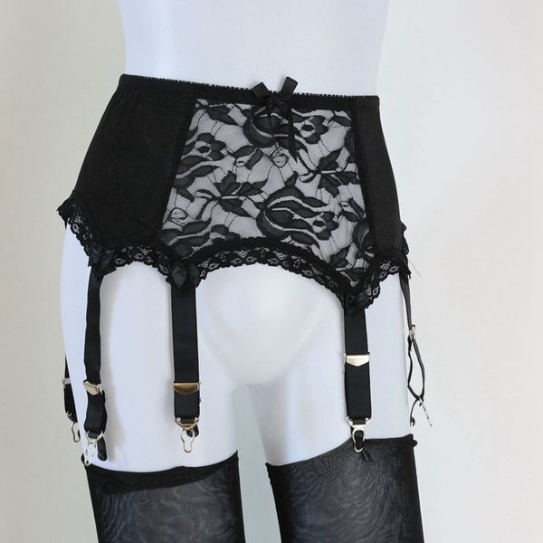 

women 3 hook & eye 6-metal buckles straps lace and mesh lingerie suspender elastic garter belt with lace hem and satin bows no stocking, Black;white