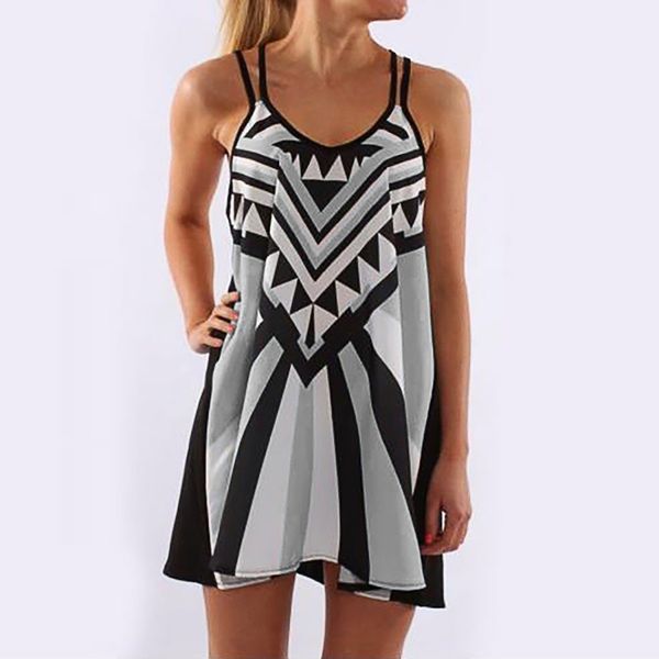 

dress for women summer dress fashion women plus size o-neck camisole sleeveless printing easy mini vestidos robe femme, Black;gray