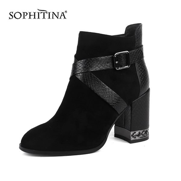 

sophitina comfortable round toe boots fashion special design narrow band square heel shoes women's ankle fretwork boots by139, Black