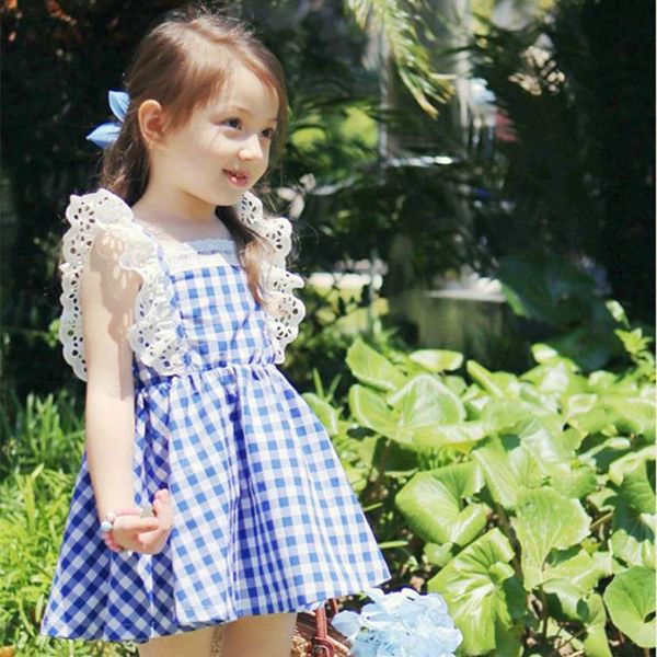 

wholesale girl plaid dress 2020 new style backless lovely cotton summer lace sleeve casual dress kid clothes e1716, Red;yellow
