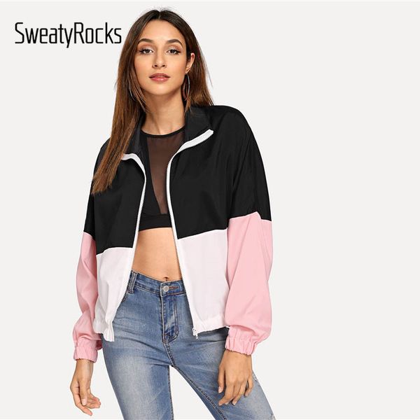 

sweatyrocks athleisure elastic edge color block windbreaker jacket active wear stand collar 2018 autumn zip up women casual, Black;brown