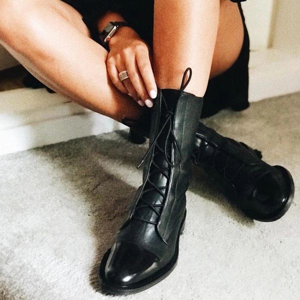 

heflashor 2020 black winter motorcycle boots mid-calf women british style lace up boots punk low heel boot shoes women plus size