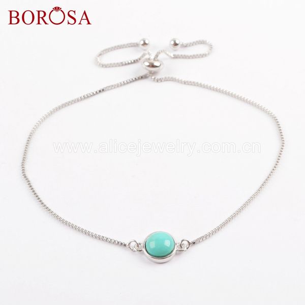 

borosa 5pcs 92.5% pure silver round natural tur-quoise adjustable bracelet natural blue stone silver bangle women jewelry ss197, Black