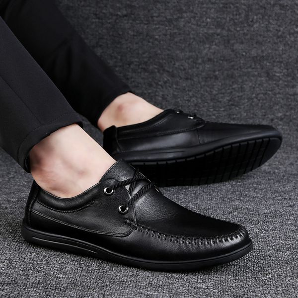 

men's moccasins summer man genuine leather shoes lace up male boat shoe flat oxfords hollow out breathable soft shoes men, Black