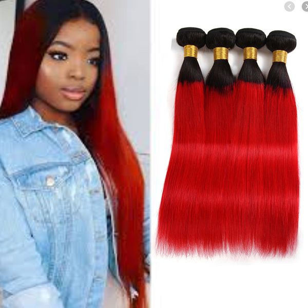 Extensões de cabelo virgem indiano ombre reto ombre cabelos 1b/vermelho 3 peças/lote 1b vermelho três feixes retos dois tons de cor