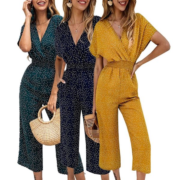 

women jumpsuits rompers summer casual print v-neck pocket overalls jumpsuit short sleeve wide leg loose jumpsuit feminino 2020, Black;white
