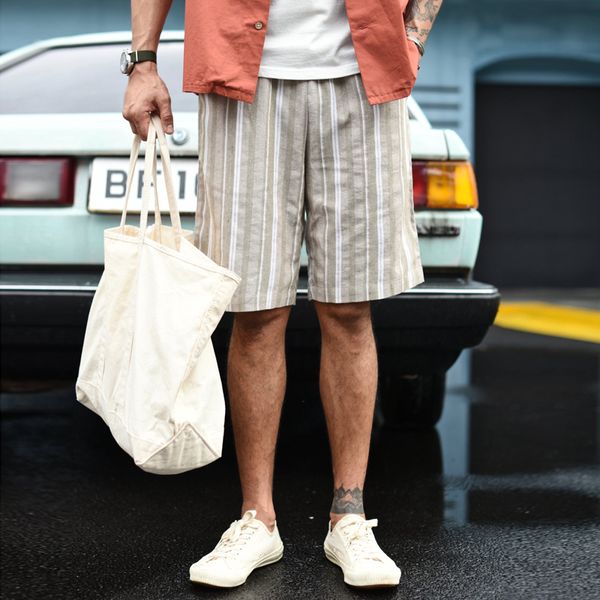 

saucezhan casual shorts mens shorts striped cotton and linen thin summer breathable adjustable waist, White;black