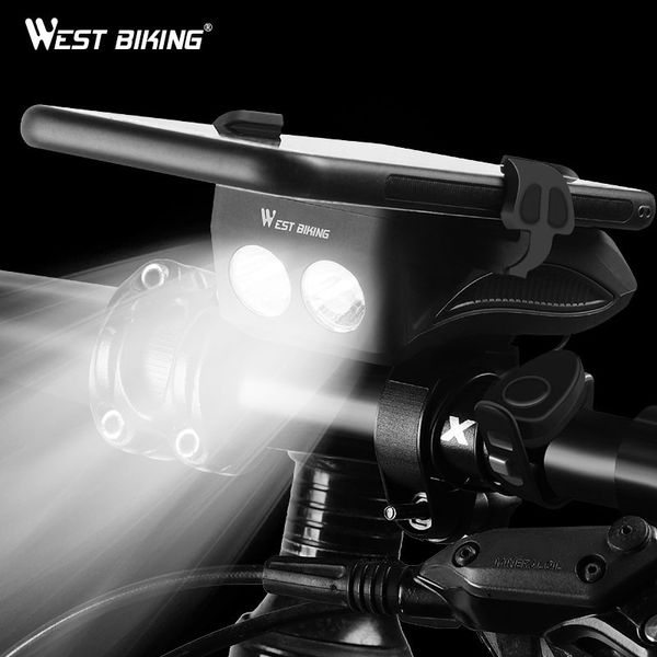 

west biking 4 in 1 bicycle light bike horn alarm bell phone holder power bank bike accessories cycling front light