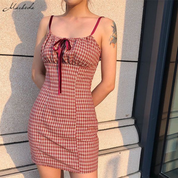 

macheda plaid mini dress women spaghetti strap bow summer teenage girl style dress lady casual vacation short 2019 new, Black;gray
