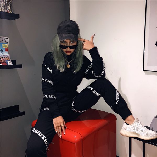 

2019 cotton long sleeve letters stripe patchwork sweatshirts cargo pants two pieces set autumn winter women crop, White