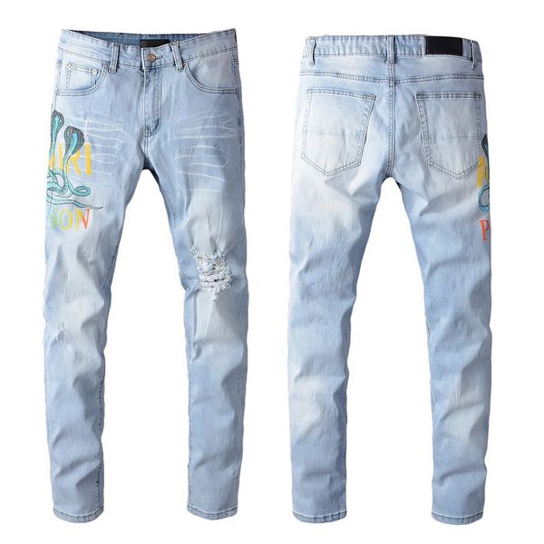 

famous mens stylist jeans men women motorcycle biker ripped jeans mens pattern printed slim skinny jeans casual pants, Blue
