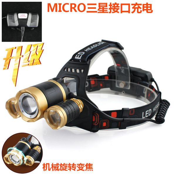 

new pattern light outdoors camp led usb charge headlights rotating zoom t6 + 2xpe