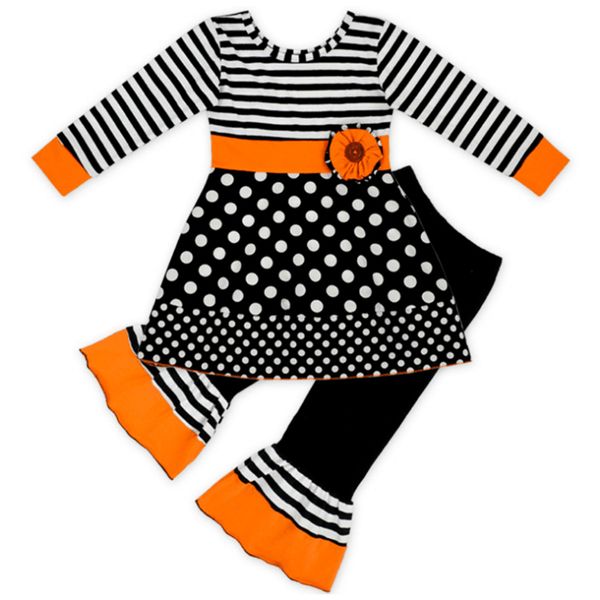 

halloween girl kids clothes set long-sleeved striped wavy dress + lace bell trousers two piece sets zjy810, White