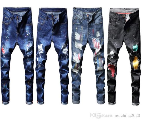 

2020 mens designer jeans distressed ripped biker cowboy famous skinny straight slim washed destroyed vintage casual trousers 5288, Blue