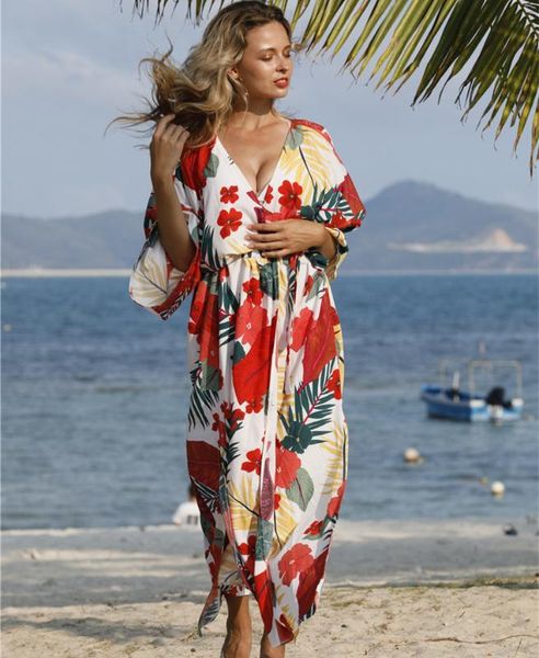 

boho floral print kaftan beach dress pareos de playa mujer beach wear oversize bikini cover up robe plage sarong tunic