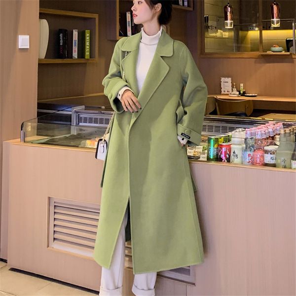 

women white wool coat single button long sleeve casual woolen cloth medium length coat turn-down collar winter coats, Black