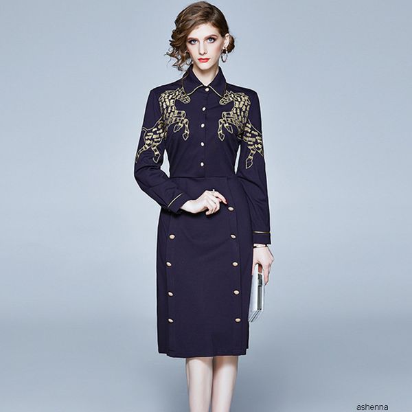 

womens designer dress season slim heavy embroidery lapel long sleeve one-step skirt8vng, Black;gray