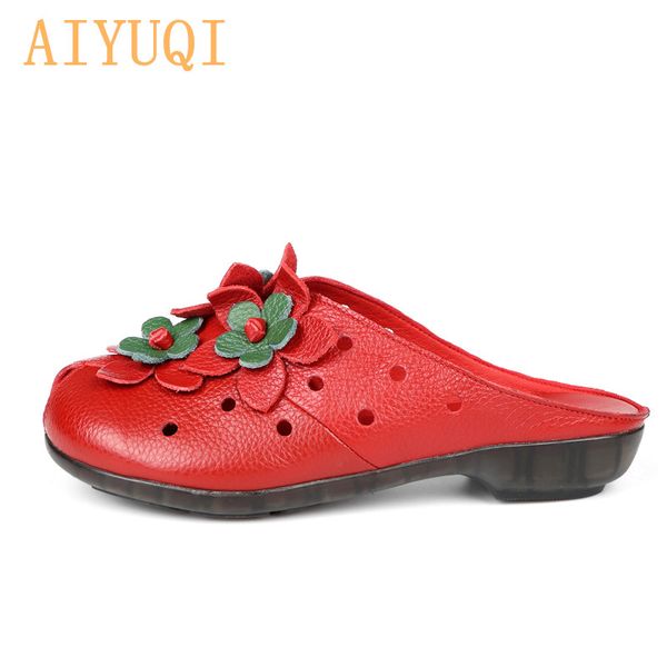 

aiyuqi summer footwear women slippers 2019 new women sandals genuine leather flower fashion outdoor mom flat shoes, Black