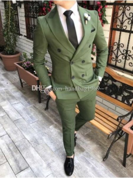 Estilo do clássico do trespassado Olive Verde Noivo Smoking pico lapela Groomsmen Mens ternos de casamento / Prom / Jantar Blazer (jaqueta + calça + gravata) K456