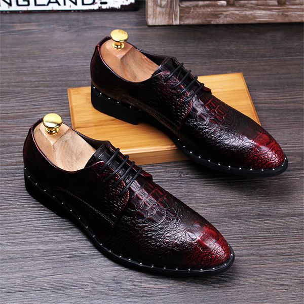 

fashion men's crocodile grain leather dress shoes man casual pointed toe oxfords mens lace-up business office oxford shoe, Black