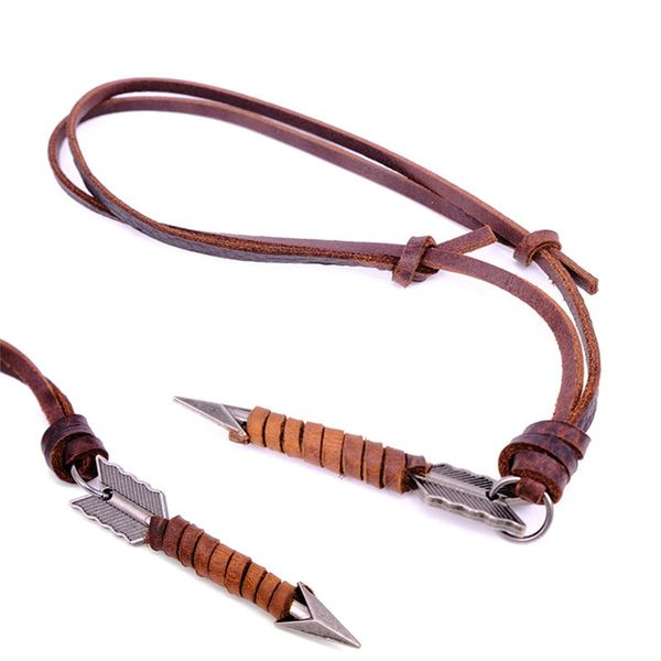 

unique creative arrow pendant retro long chain leather rope necklace, Silver
