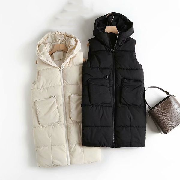 

2019 long hooded warm long thicken warm vest coat cotton double pocket hooded windbreaker vest jacket, Black;white
